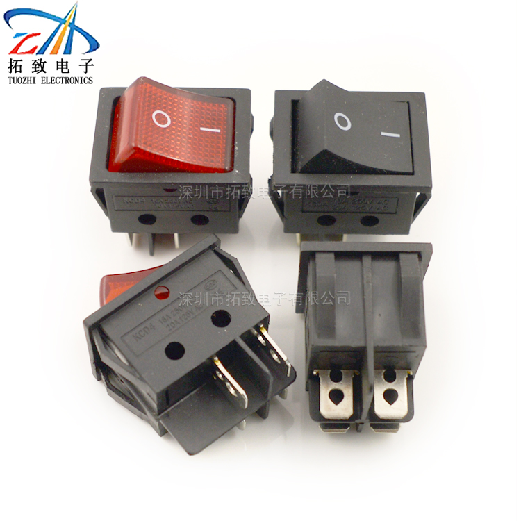 船型开关 带灯黑红色 电源开关 两档四脚33x25mm KCD4-C1 16A250V