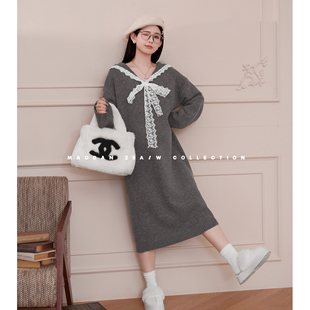 猫单【苔原甜梦】娜娜的孕期穿搭孕妇装秋冬蕾丝拼接毛衣连衣裙新