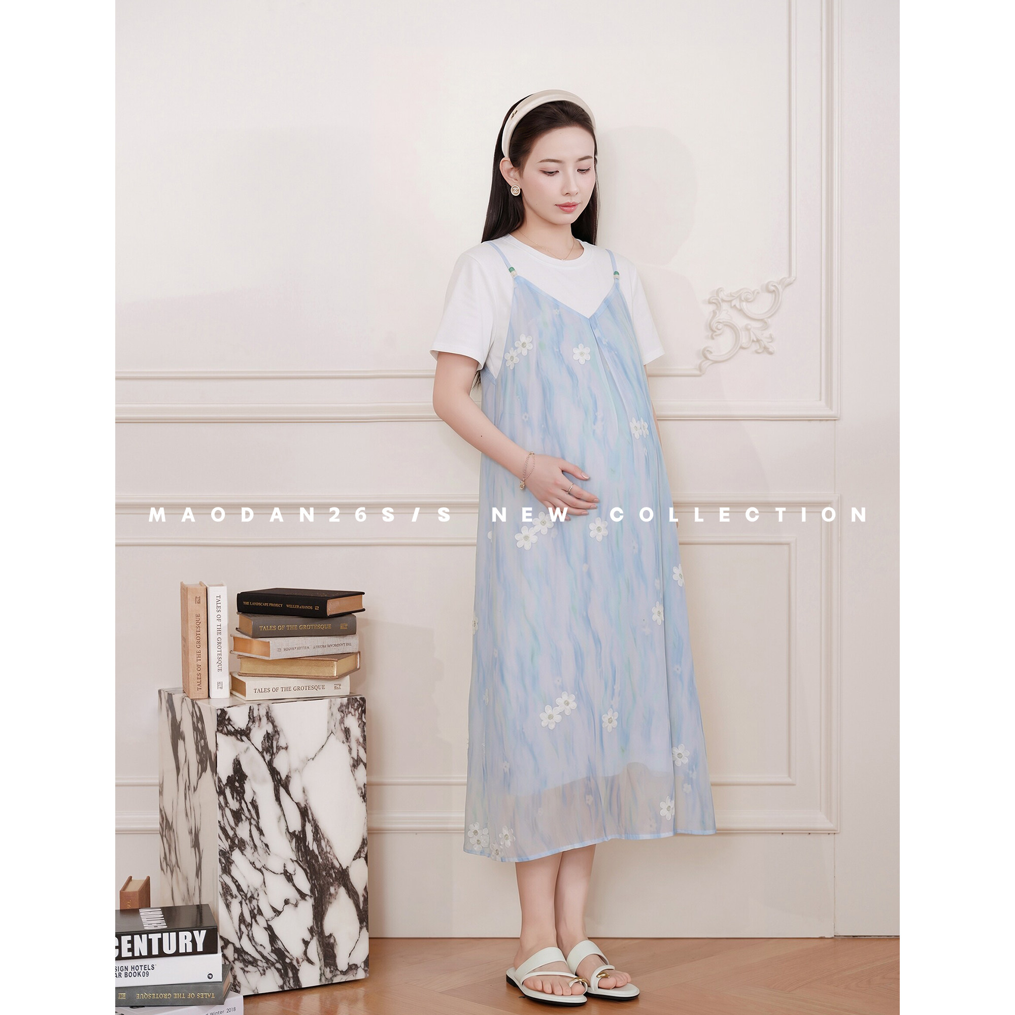 猫单【蓝雨小花】【棉】孕妇装夏季新品长裙温柔气质假两件连衣裙