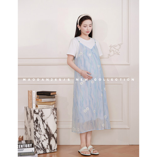 猫单【蓝雨小花】【棉】孕妇装夏季新品长裙温柔气质假两件连衣裙