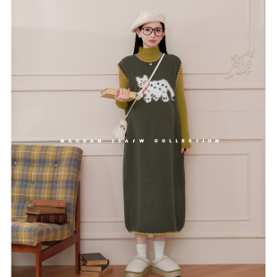 芥末奶绿 时尚 娜娜 秋冬新品 甜美背心裙 孕期穿搭孕妇套装 猫单