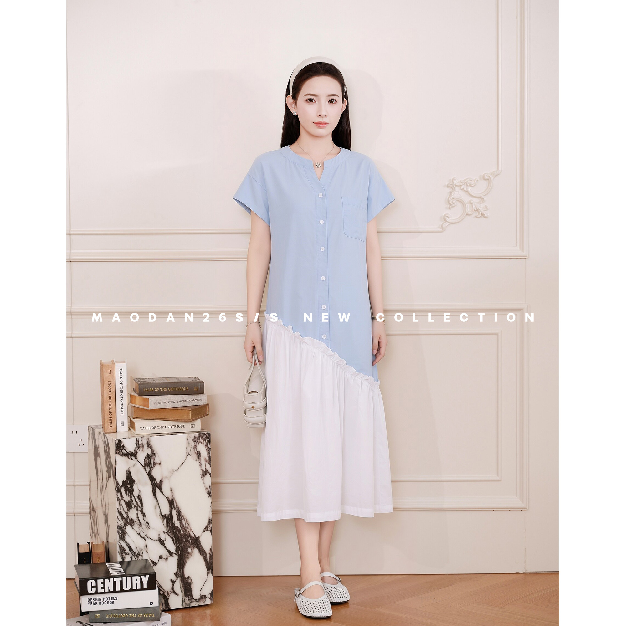 猫单【蓝白曲奇】【棉】孕妇装夏季新品温柔时尚显瘦可哺乳连衣裙