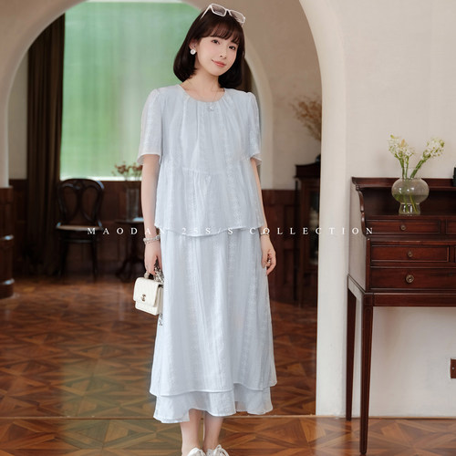 猫单圆领夏季短袖假两件孕妇裙