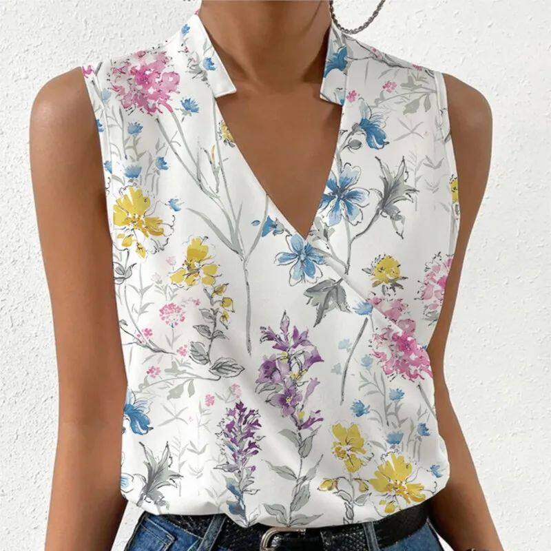 2024 Design inspired sleeveless printed V-neck shirt印花衬衣