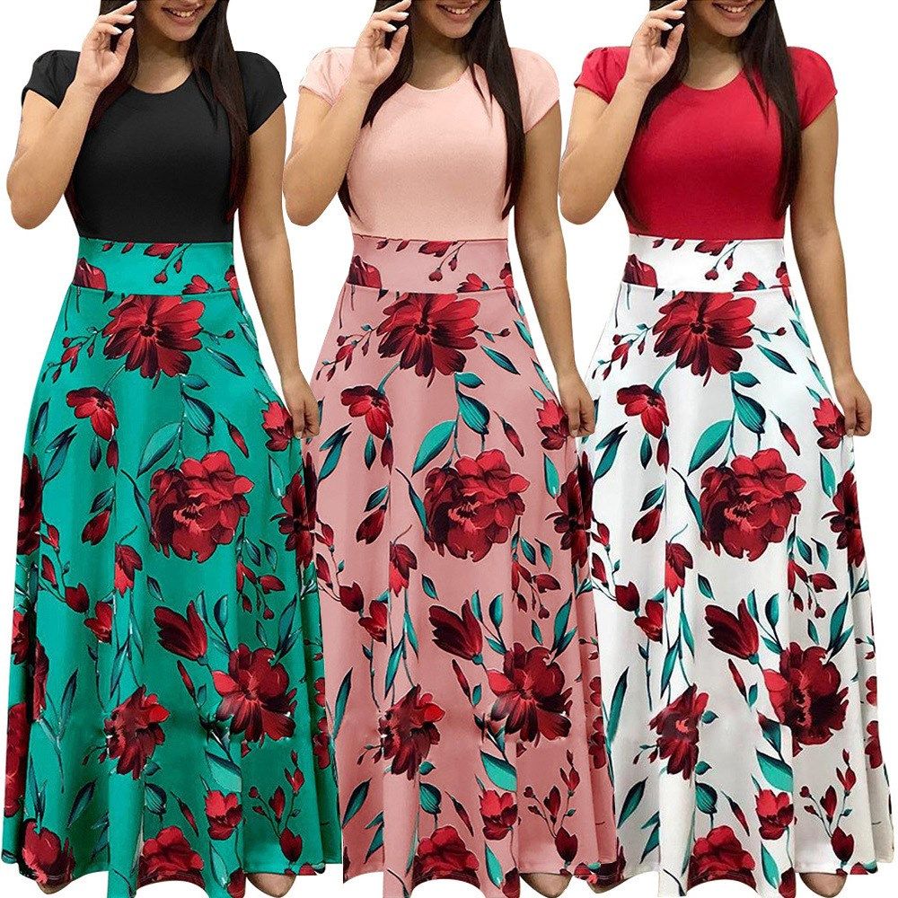 Ladies flower print color matching dress ladies dress