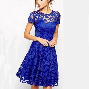 Temperament round neck short sleeve blue lace dress