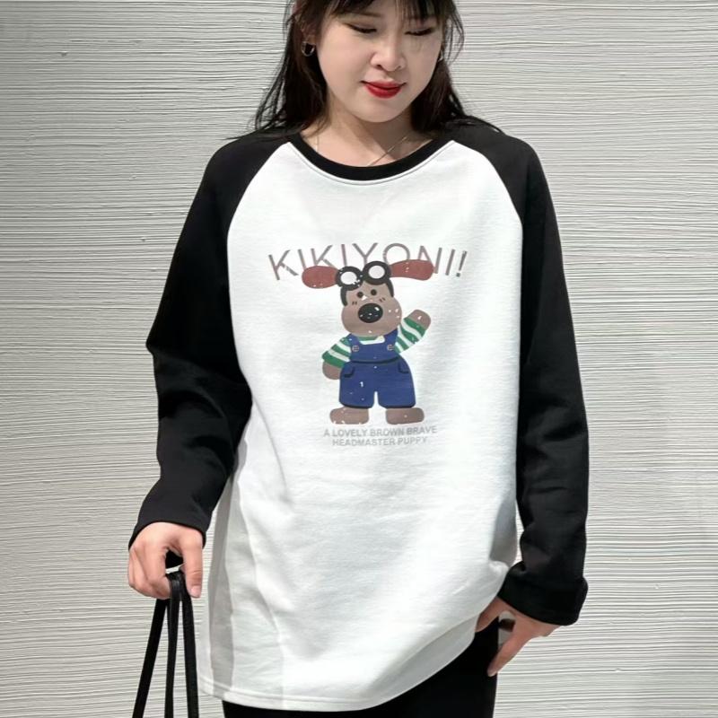 88101滴一胖撞色卡通小熊中长款T恤胖mm大码磨毛印花假两件打底衫