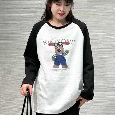 88101滴一胖撞色卡通小熊中长款T恤胖mm大码磨毛印花假两件打底衫