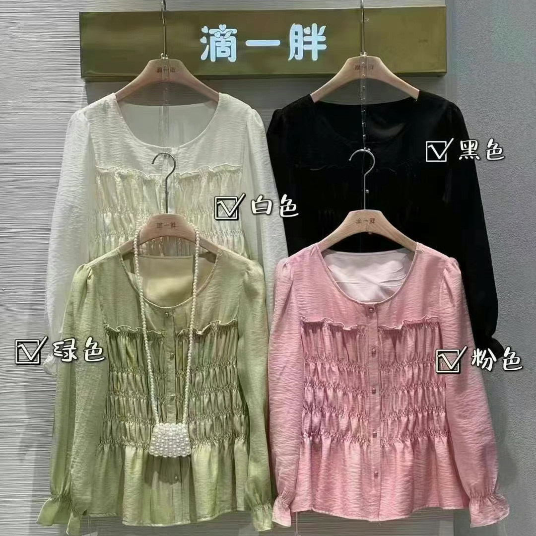 7801滴一胖糖果色圆领纯色松紧小衫春季胖mm大码女装设计感上衣女