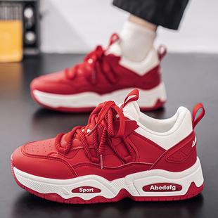 红色老爹鞋男ins潮鞋韩版潮流百搭2026年春季新款白底黑面运动鞋