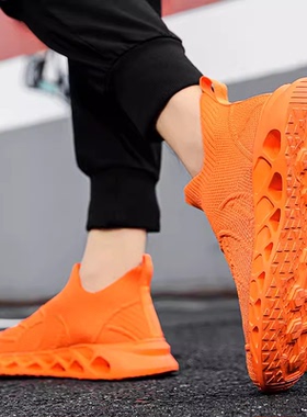 一脚蹬网面男鞋47懒人无鞋带橘色橙色运动休闲鞋45大码46袜子潮鞋