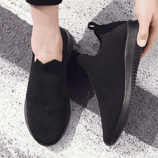 夏天纯黑底运动鞋透气网面鞋没鞋带男土上班工作穿全黑色网布鞋子