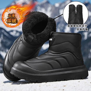 冬天没有鞋带的雪地靴无鞋带加绒保暖高帮棉鞋不用系鞋带的男鞋子