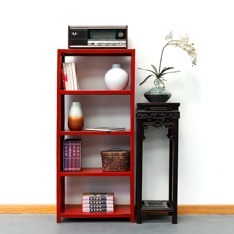 彩色复古做旧书架置物架实木落地简易家用多层靠墙小书柜收纳储物