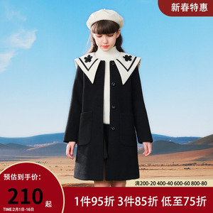 女童外套呢子大衣秋装新品2023黑色长款学院风翻领初中生10-12岁