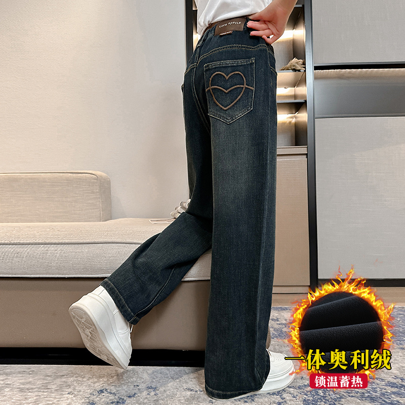 女童加绒牛仔裤秋冬2025新款洋气儿童加厚休闲直筒阔腿裤女孩长裤