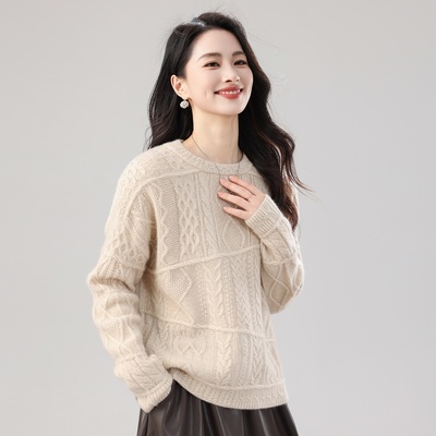 2025秋冬新款保暖圆领绞花100%纯山羊绒纯色长袖针织打底羊绒衫