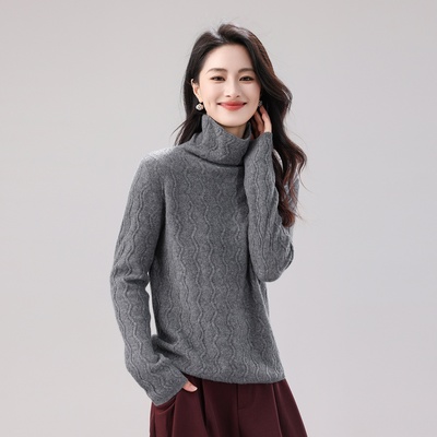 2025秋冬新款堆堆领毛衣女纯山羊绒长袖绞花感羊绒针织衫