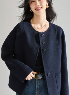 25秋冬圆领单排扣羊毛双面呢大衣弯刀袖百搭减龄气质短外套25642
