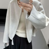 25秋冬级感简约圆领拉链羊毛双面呢大衣短款 百搭时髦外套25631