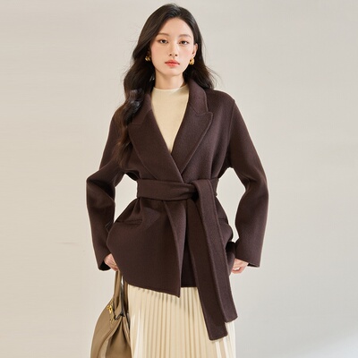 25秋冬新款纯手工双面呢羊毛外套女短款系带收腰西装领大衣29015