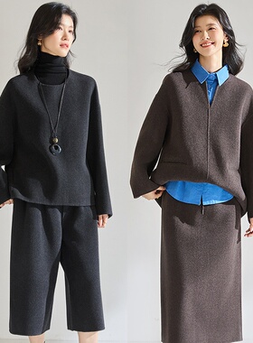 25秋冬新款简约廓形双面呢羊毛呢套装静奢风上衣+裤子+半裙29036
