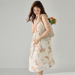 优质~真的巨美~棉花色无袖印花宽松显瘦度假风连衣裙女