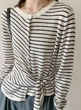 25秋季超细精纺羊毛混纺条纹针织衫随性不规则拼接系带毛衣25628