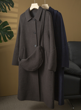 亏清 苏力羊驼毛羊毛长款双面呢大衣带包包翻领毛呢外套赫本风冬