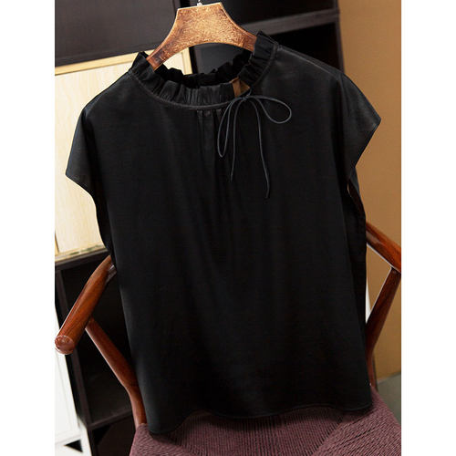 现货 前后两穿 香云纱真丝连肩袖上衣女桑蚕丝木耳边领小衫T恤夏