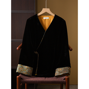 丝艺 填充100%桑蚕丝棉重工刺绣V领国风丝绒真丝外套棉服开衫女冬