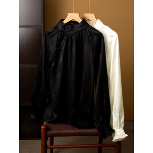 丝艺 宽松气质春 35姆米100%桑蚕丝重缎提花斜襟国风立领真丝衬衫