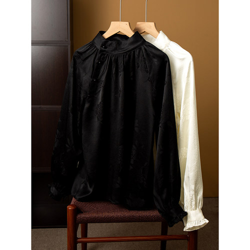 丝艺 35姆米100%桑蚕丝重缎提花斜襟国风立领真丝衬衫宽松气质春