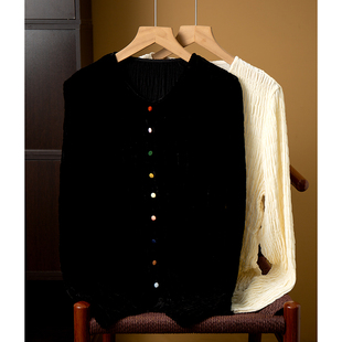 丝艺 彩虹纽扣重工丝绒法式圆领真丝开衫外套女桑蚕丝长袖上衣春