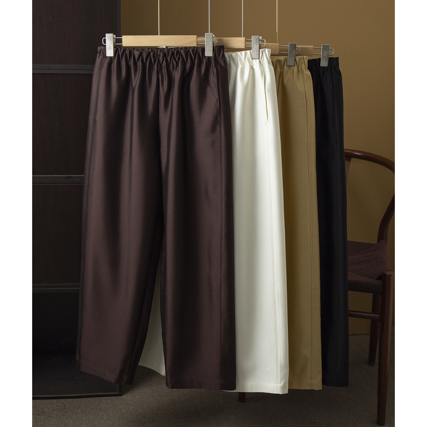 高端桑蚕丝羊毛混纺休闲百搭裤子女松紧腰丝毛裤高腰直筒哈伦裤春