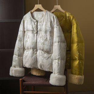 丝艺90白鸭绒国风羽绒服女重工葫芦刺绣新中式宽松毛毛袖口外套冬