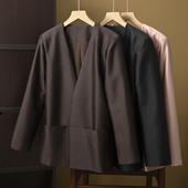 丝艺 真丝羊毛V领西装 桑蚕丝无扣无门襟老钱风气质宽松西服外套春