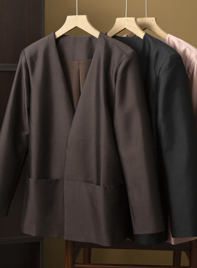 丝艺 真丝羊毛V领西装桑蚕丝无扣无门襟老钱风气质宽松西服外套春