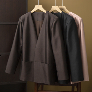 丝艺 桑蚕丝无扣无门襟老钱风气质宽松西服外套春 真丝羊毛V领西装