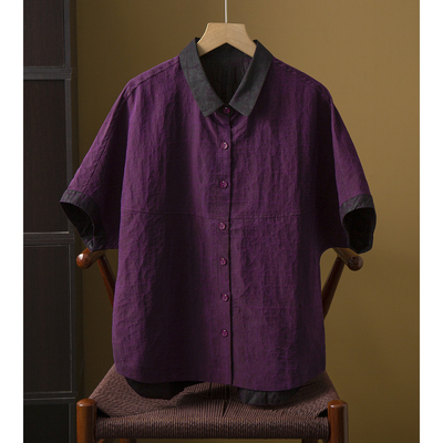 亏清 100%桑蚕丝香云纱龟纹蝙蝠袖短袖衬衫女宽松显瘦真丝上衣春