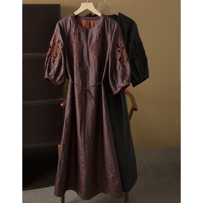 丝艺 镂空刺绣红云纱真丝香云纱连衣裙100%桑蚕丝V领灯笼袖长裙夏