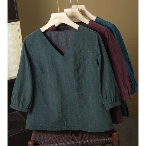 丝艺 双面穿真丝香云纱半袖T恤V领上衣女100%桑蚕丝宽松套头衫夏