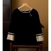 亏清老钱风真丝丝绒拼宋锦新中式 上衣女圆领国风盘扣桑蚕丝小衫 春