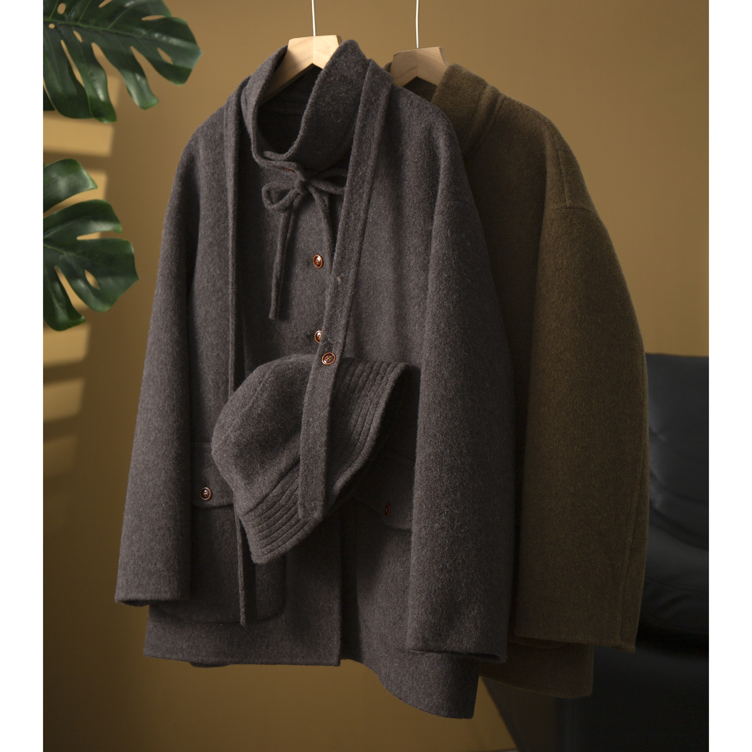 高端山羊绒绵羊毛斜挎帽子法式复古立领大衣女中长款大衣毛呢外套