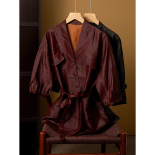 丝艺100%桑蚕丝重磅老料红云纱香云纱真丝七分袖外套开衫上衣早春