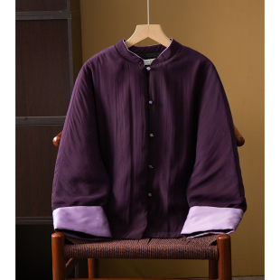 丝艺100%桑蚕丝紫色香云纱真丝夹棉棉服外套女国风挽袖 加厚棉袄