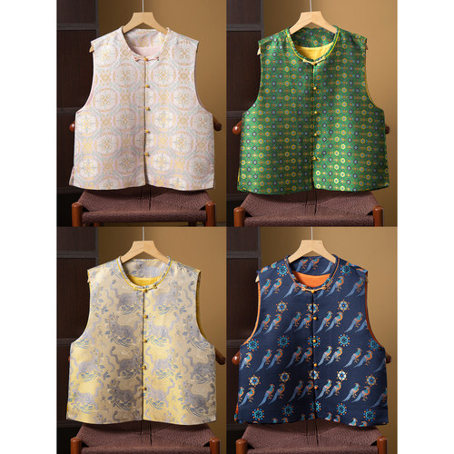 厂浮利 真丝宋锦提花新中式马甲100%桑蚕丝国风宽松圆领背心春秋