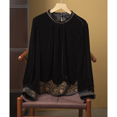 真丝衬衫 丝艺原创100%桑蚕丝底布下摆精致刺绣丝绒立领灯笼袖 长袖