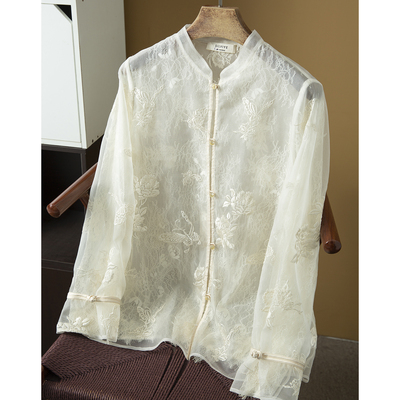 丝艺轻奢国风刺绣拼接蕾丝真丝欧根纱开衫100%桑蚕丝立领外套上衣
