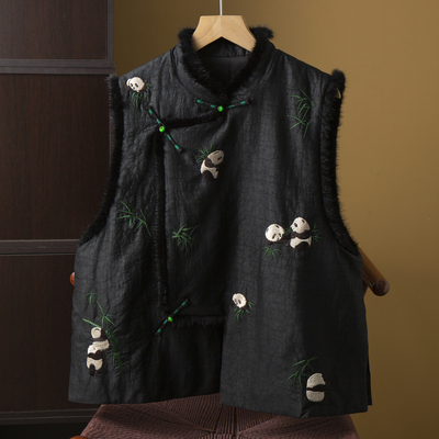 丝艺100%桑蚕丝国风熊猫刺绣水貂毛香云纱龟裂纹真丝马甲棉服外套